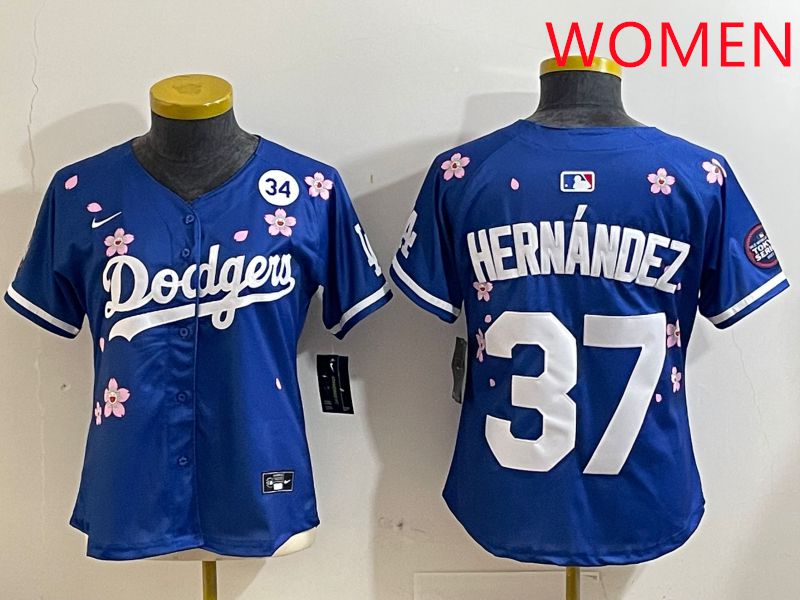 Women Los Angeles Dodgers 37 Hernandez Blue Sakura Edition 2025 Nike MLB Jersey style 7